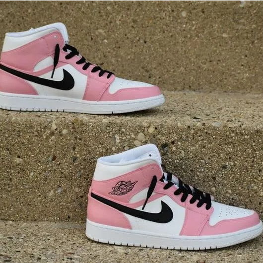 Custom Jordans Pink White Black Swoosh