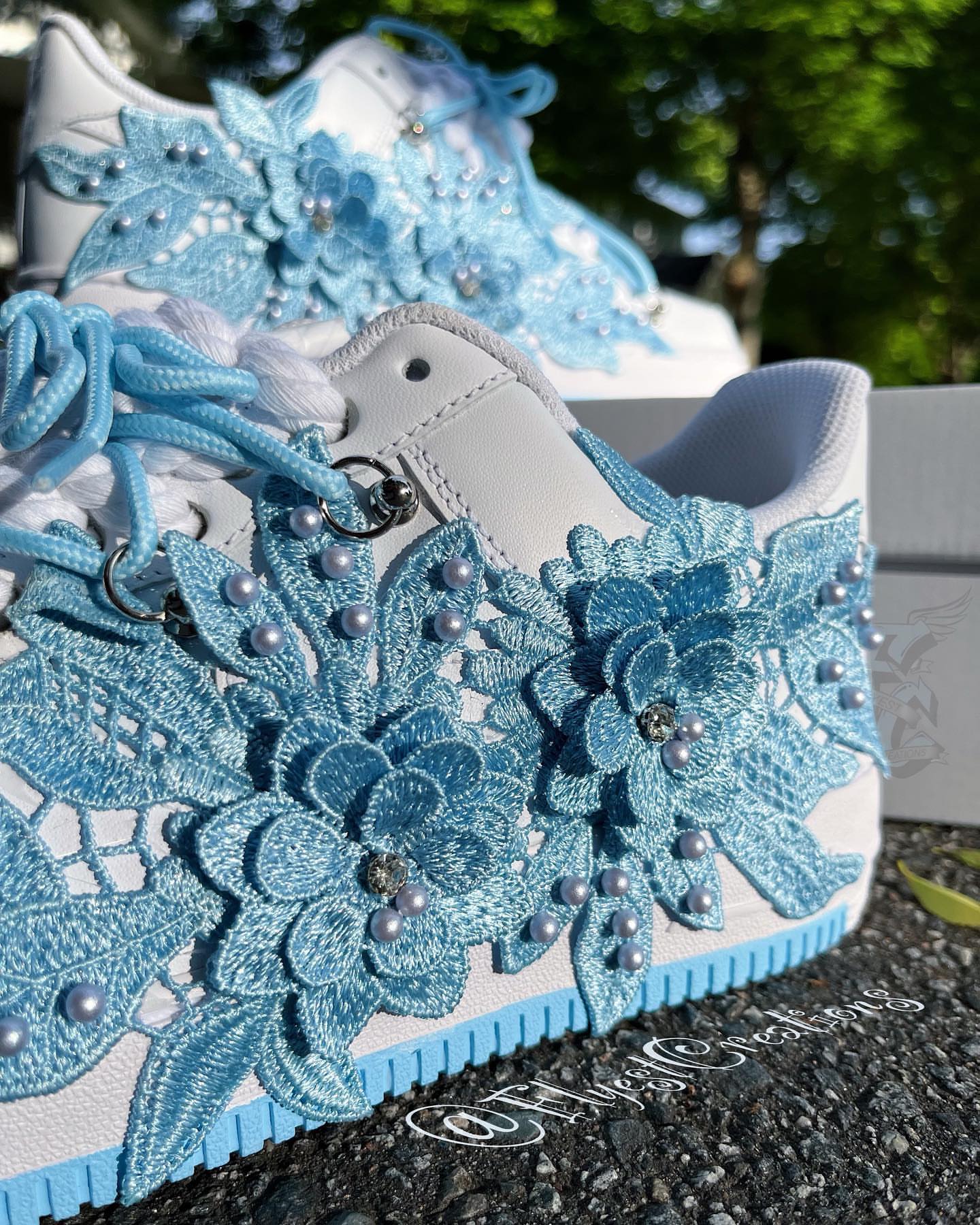 Hand Painted Blue Floral Pearl Custom Air Force 1 Sneakers-shecustomize