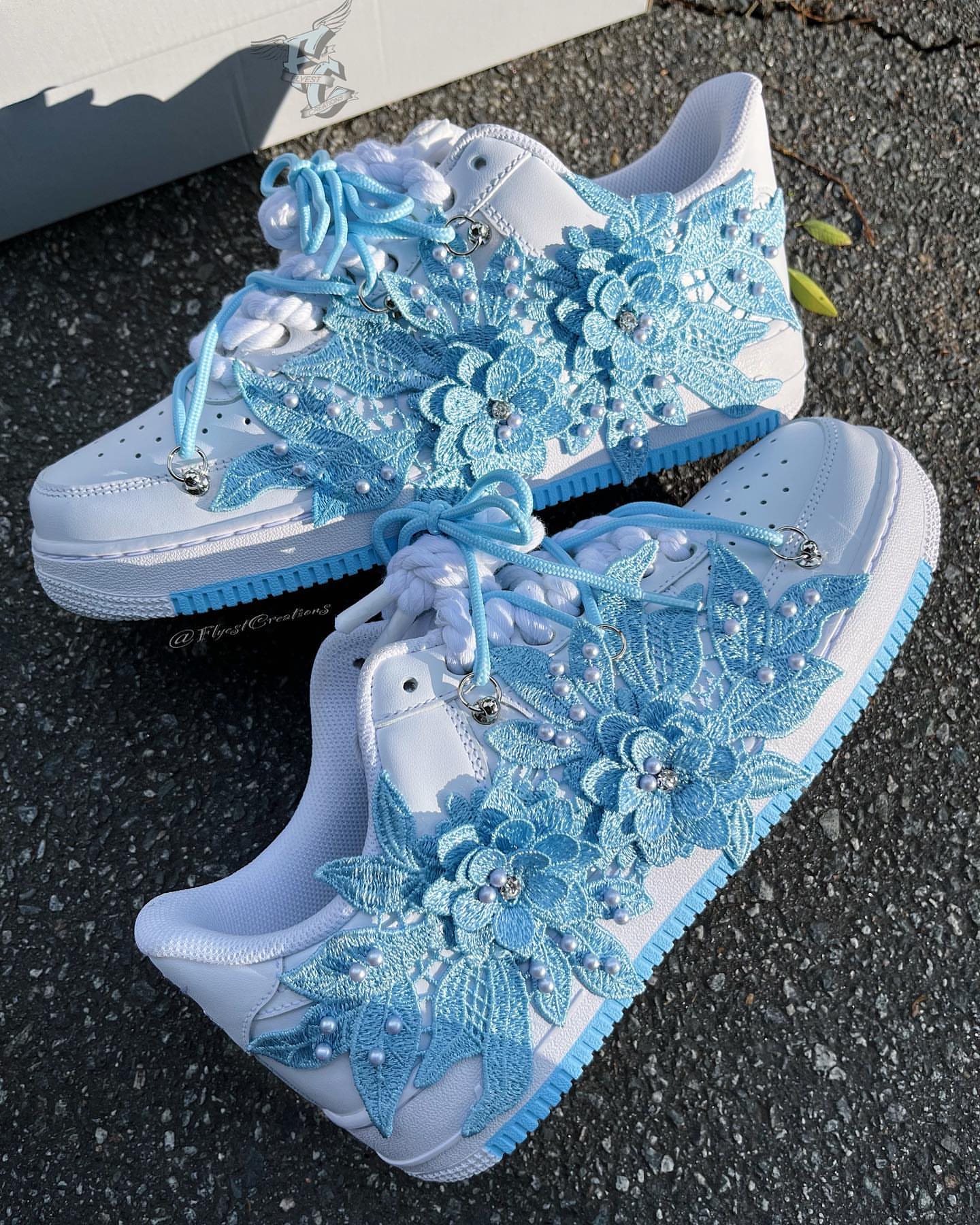 Hand Painted Blue Floral Pearl Custom Air Force 1 Sneakers-shecustomize