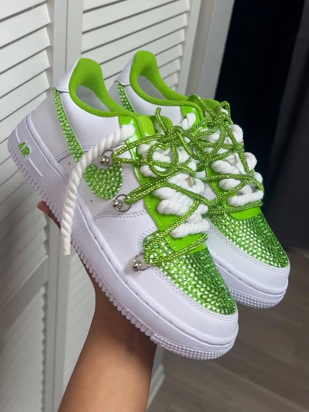 Hand Painted Lime Green Rhinestone Custom Air Force 1-shecustomize