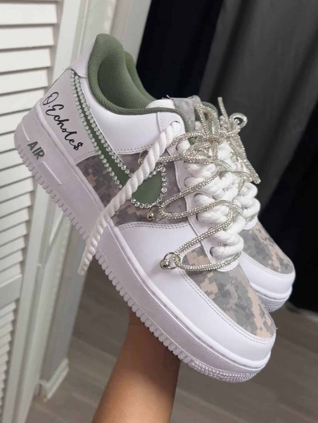 Custom Hand Painted Air Force 1 with Camo & Rhinestone Accents-shecustomize