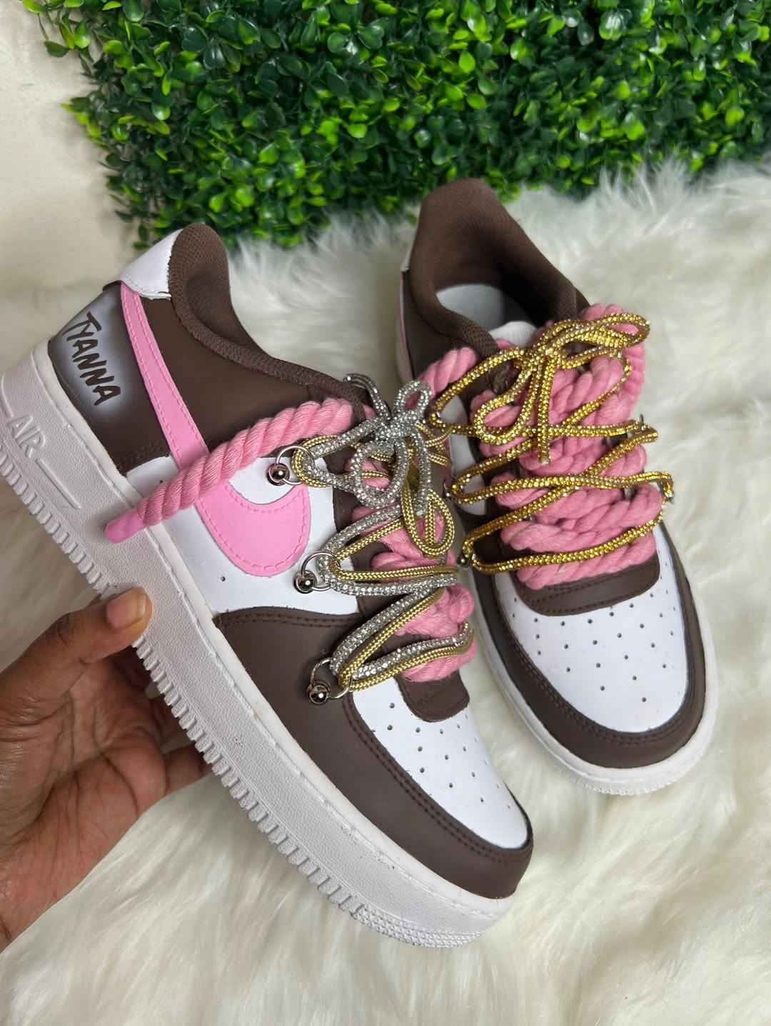 Custom Hand Painted Bling Pink Brown Air Force 1 Sneakers-shecustomize