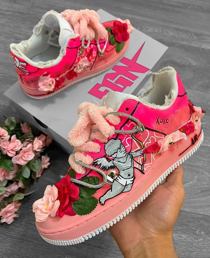 Hand Painted Pink Floral Cupid Custom Air Force 1 Sneakers-shecustomize