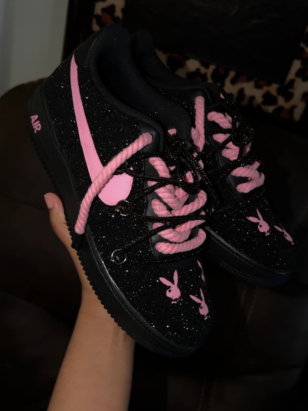 Hand Painted Glitter Pink Black Custom Air Force 1 Sneakers-shecustomize