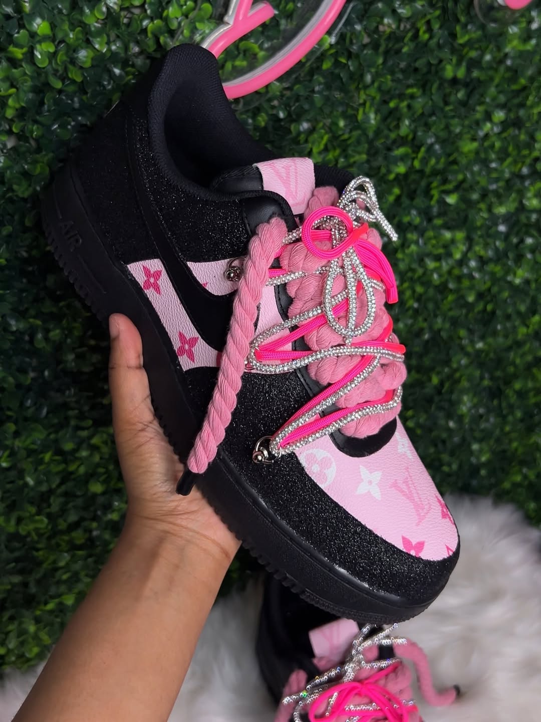 Hand Painted Glitter Pink Black Custom Air Force 1 Sneakers-shecustomize