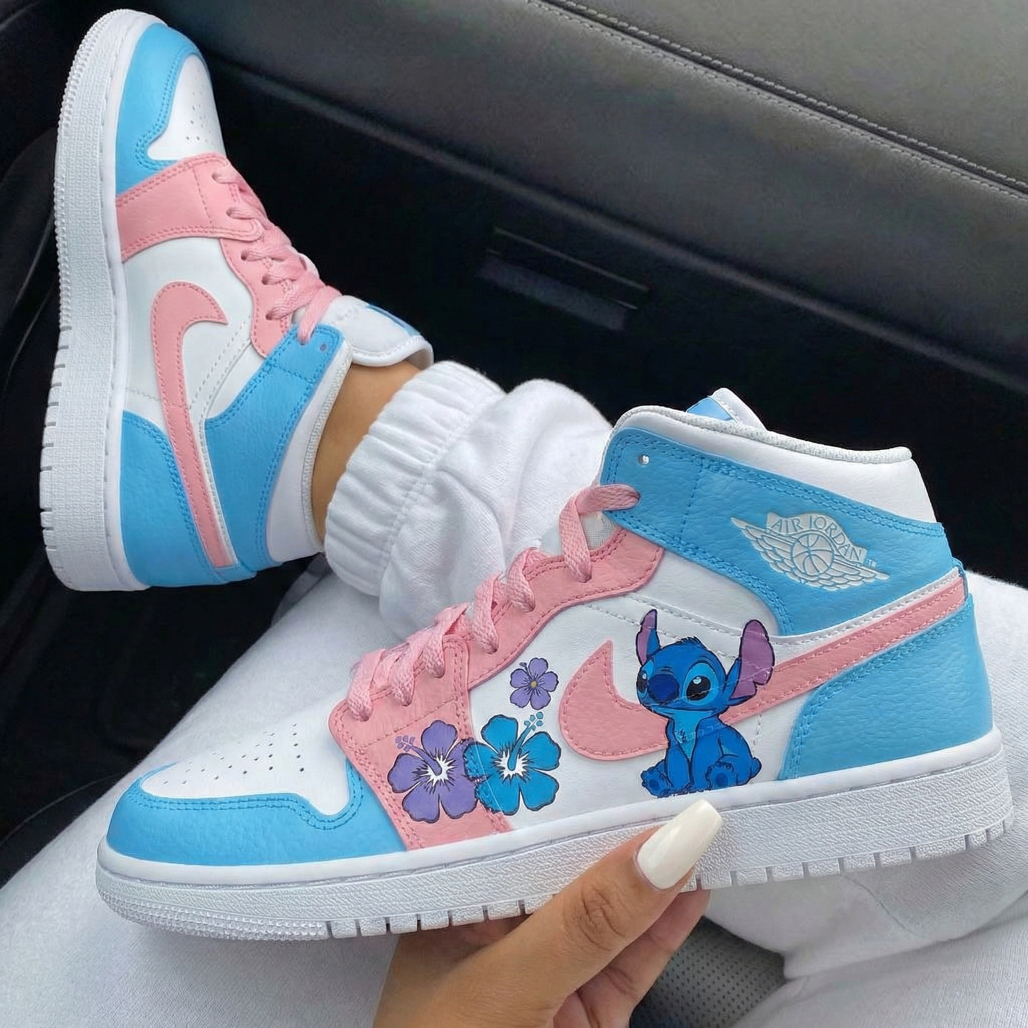 Baby Blue Baby Pink Stitch And Flowers Custom Air Jordan 1-shecustomize