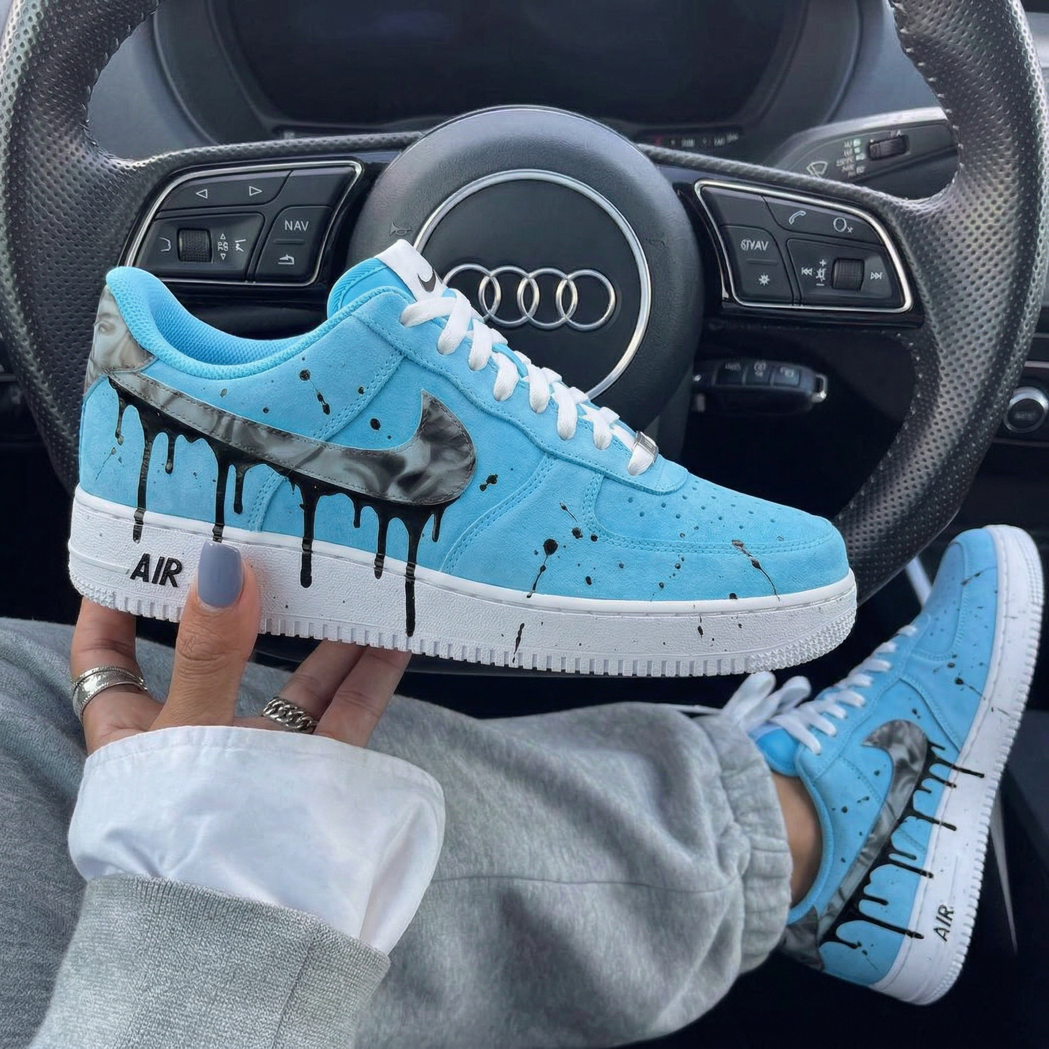 Baby Blue Black Drip Splatter Marble Swoosh Custom Air Force 1-shecustomize