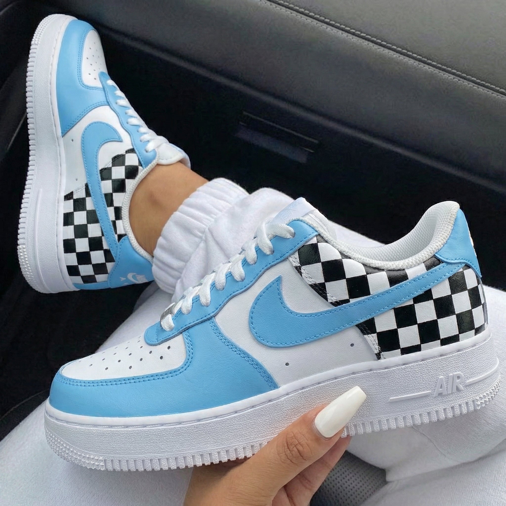 Baby Blue Checkered Custom Air Force 1-shecustomize