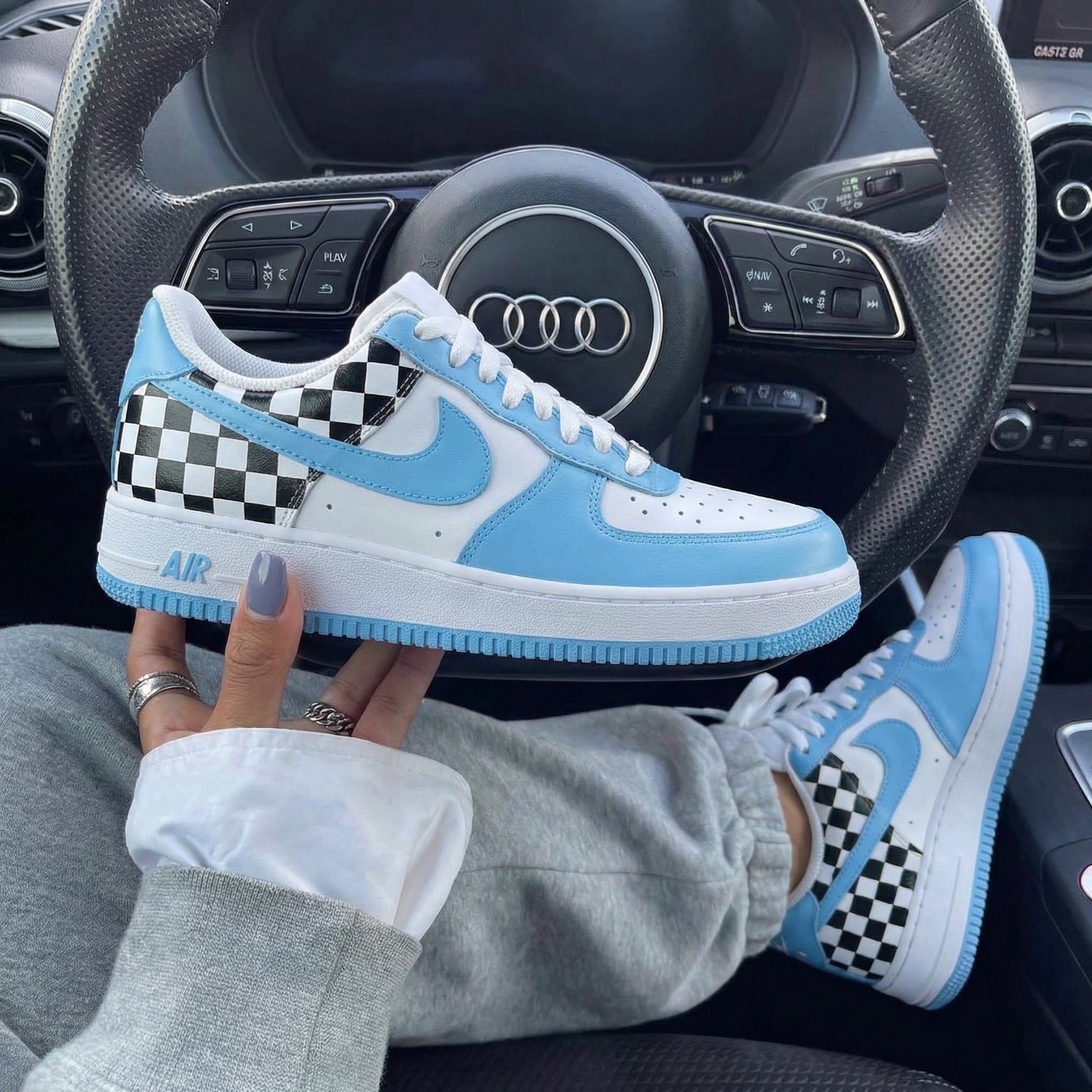 Baby Blue Checkered Custom Air Force 1-shecustomize