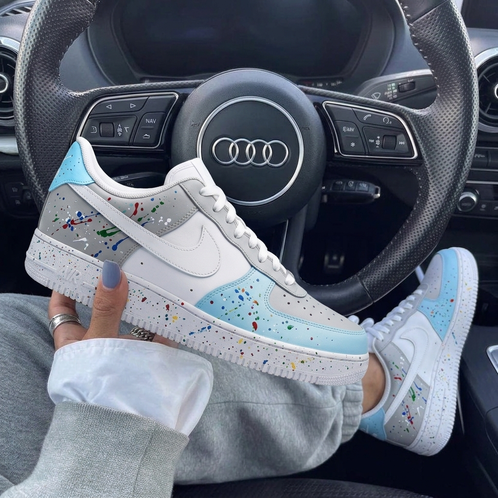 Baby Blue Grey Paint Splatter Custom Air Force 1-shecustomize