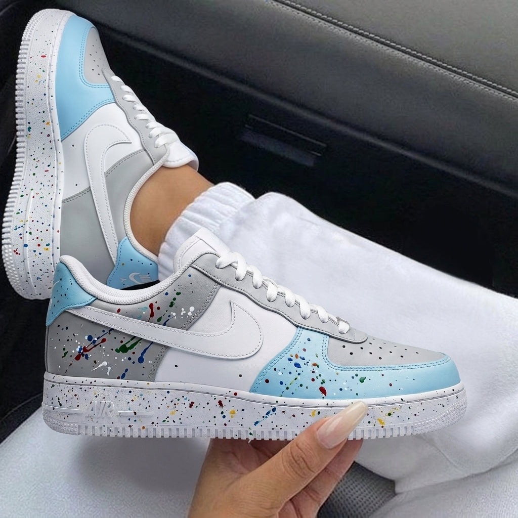 Baby Blue Grey Paint Splatter Custom Air Force 1-shecustomize