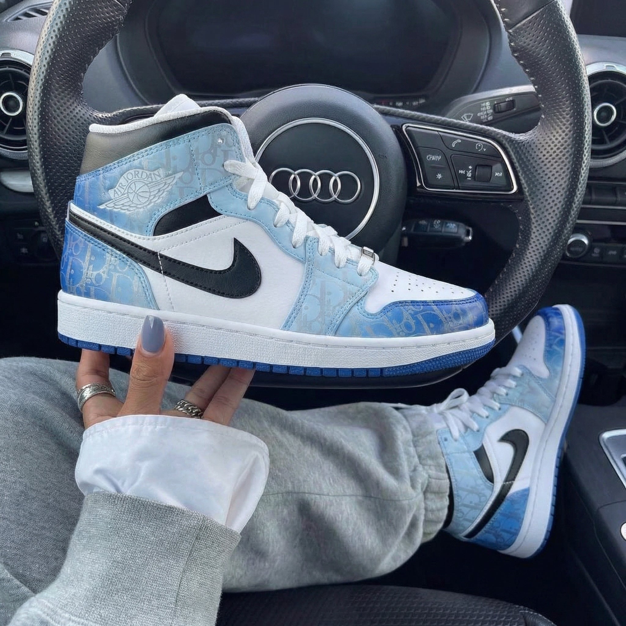 Baby Blue LV Pattern Custom Air Jordan 1-shecustomize