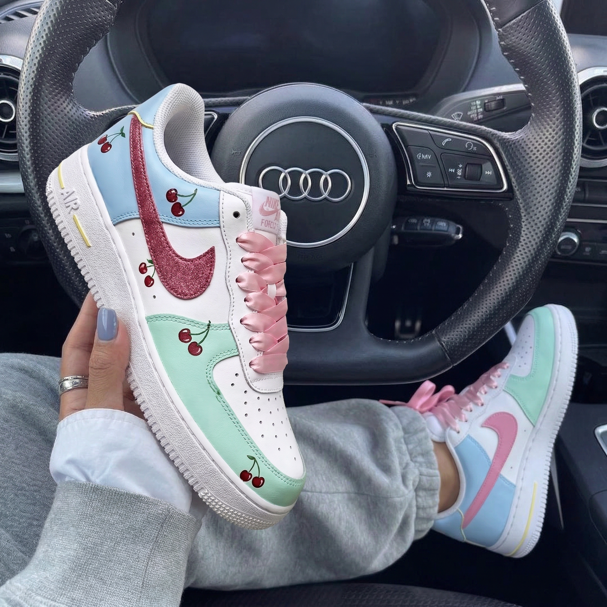 Baby Blue Mint Green Pink Cherries Glitter Custom Air Force 1-shecustomize