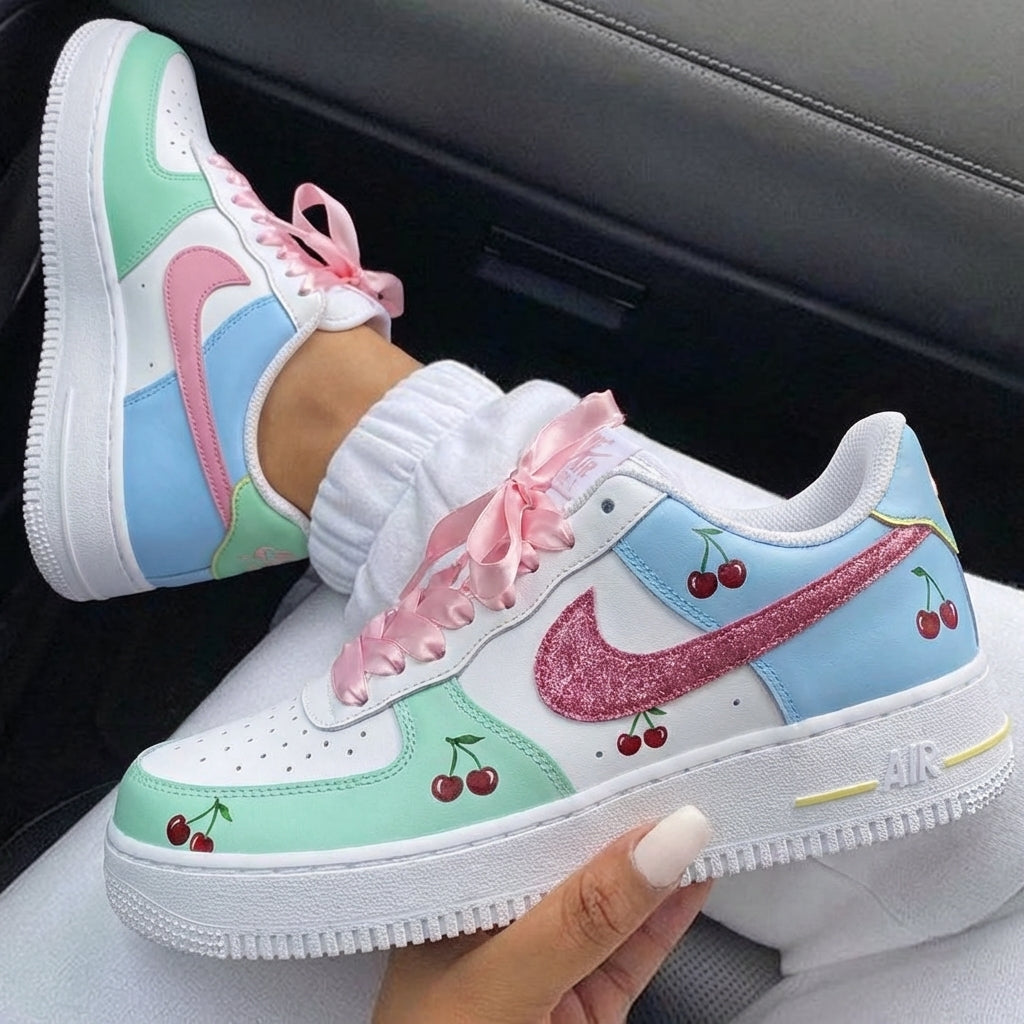 Baby Blue Mint Green Pink Cherries Glitter Custom Air Force 1-shecustomize