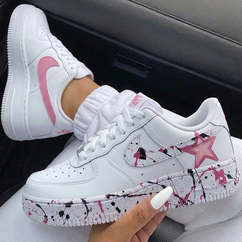 Baby Pink Black Splatter Star Custom Air Force 1-shecustomize