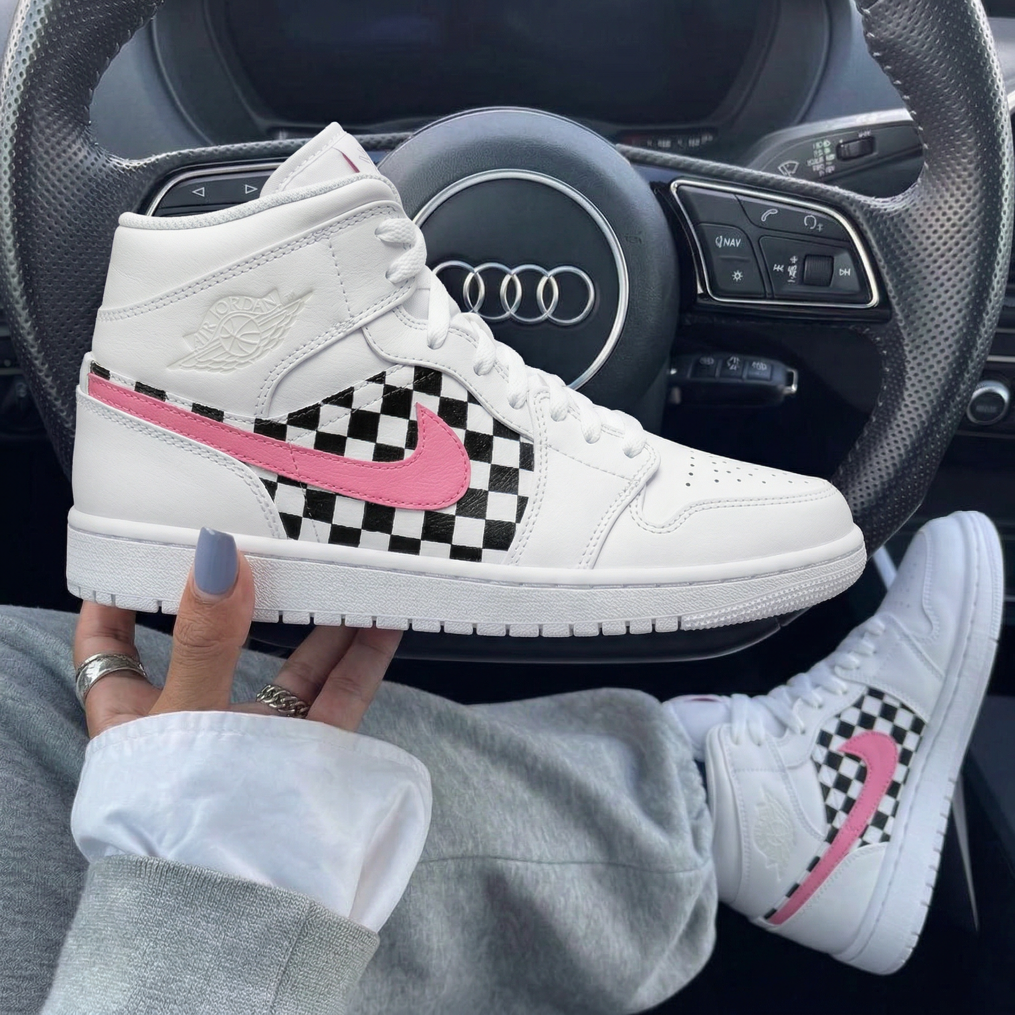 Baby Pink Black White Checkered Custom Air Jordan 1-shecustomize