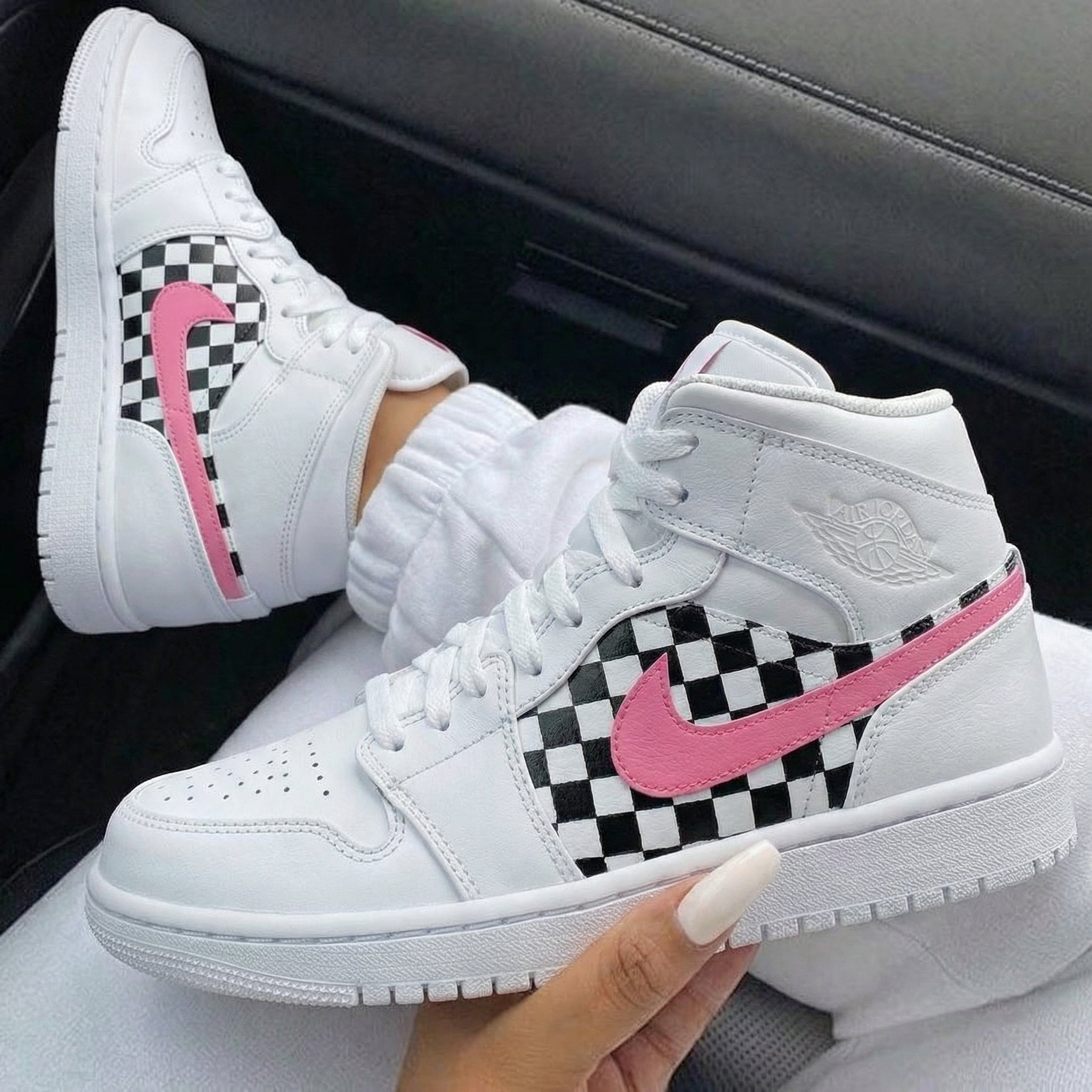 Baby Pink Black White Checkered Custom Air Jordan 1-shecustomize