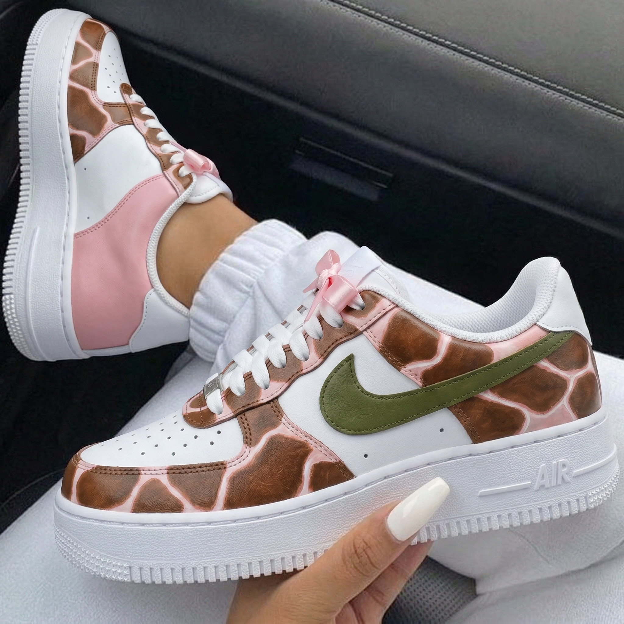 Baby Pink Brown Giraffe Print Green Swoosh Custom Air Force 1-shecustomize
