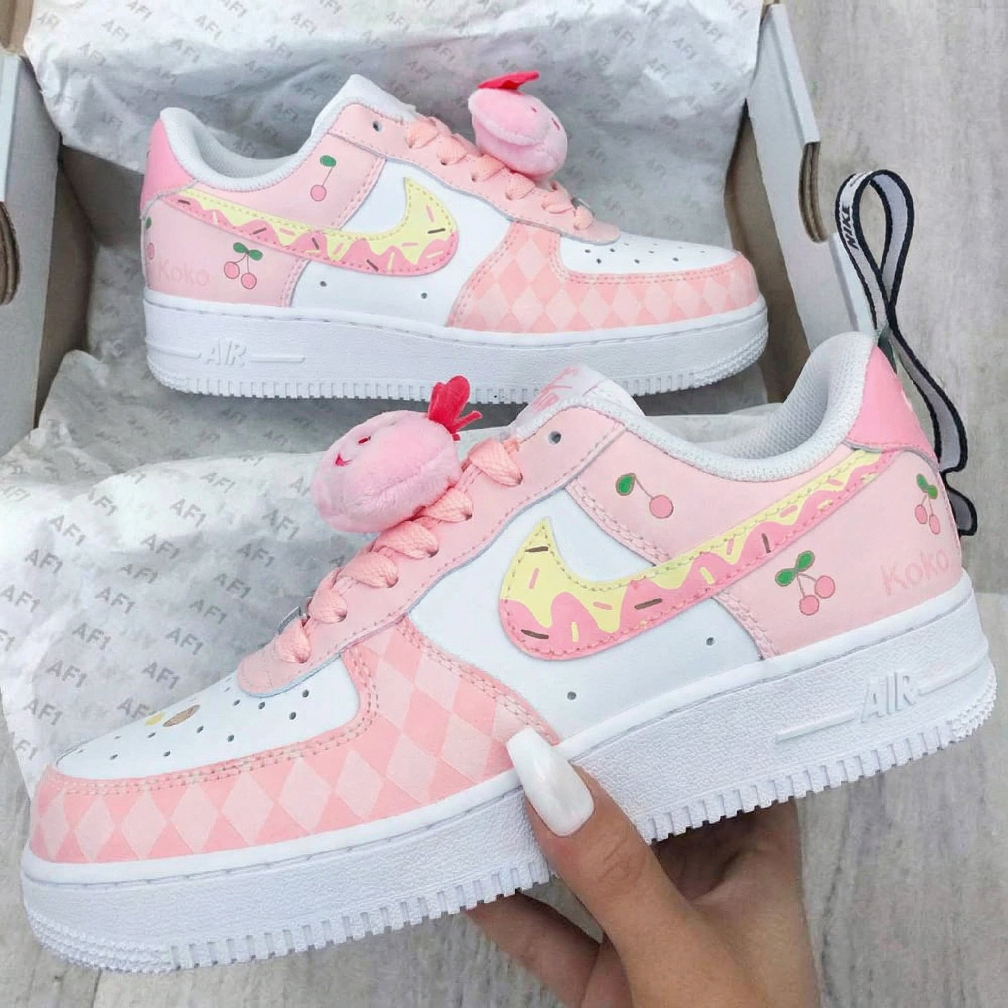 Baby Pink Checkerboard Cherry Custom Air Force 1-shecustomize