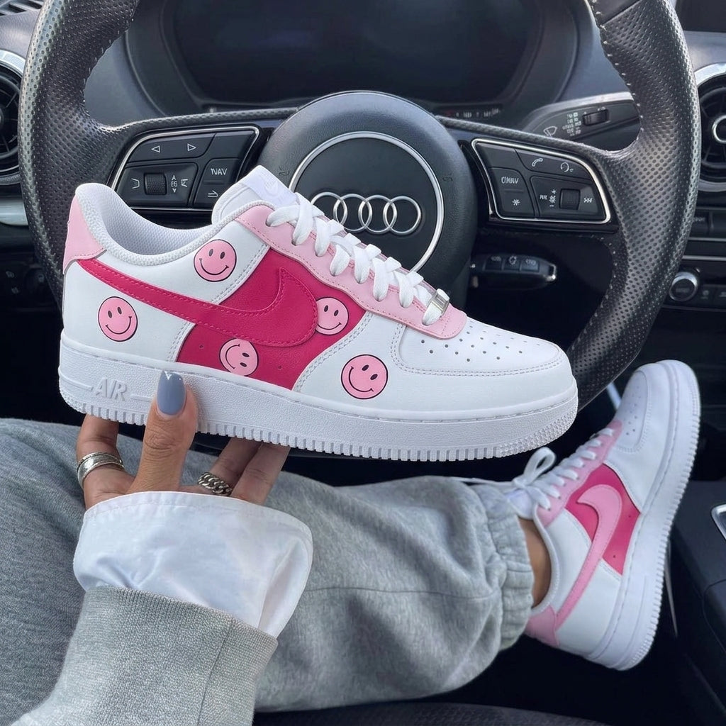 Baby Pink Hot Pink Smiley Faces Custom Air Force 1-shecustomize
