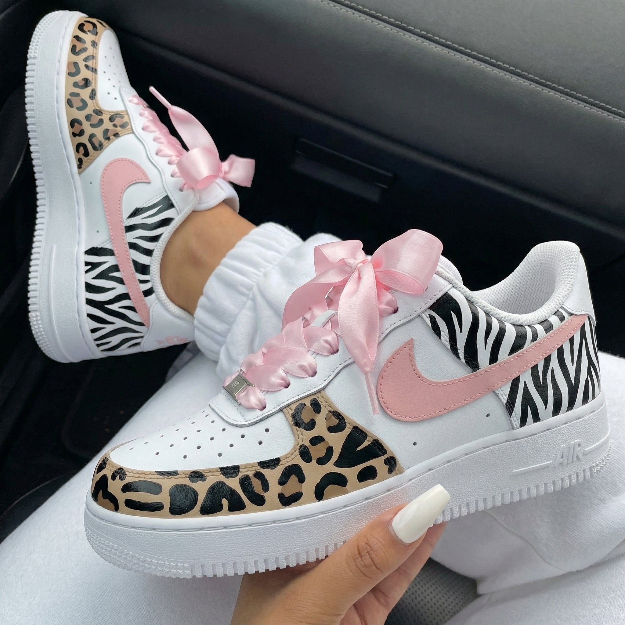 Baby Pink Leopard Zebra Pink Ribbon Custom Air Force 1-shecustomize