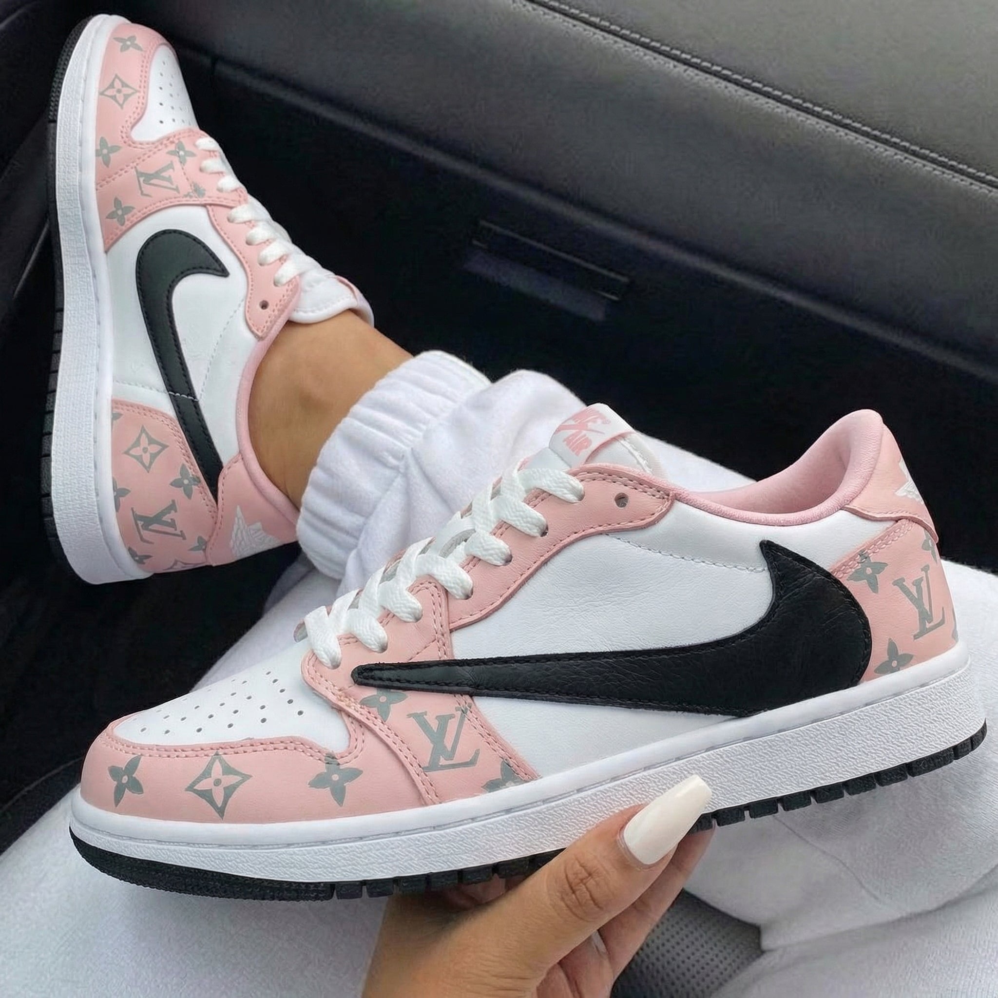 Baby Pink LV Print Travis Scott Custom Air Jordan 1-shecustomize
