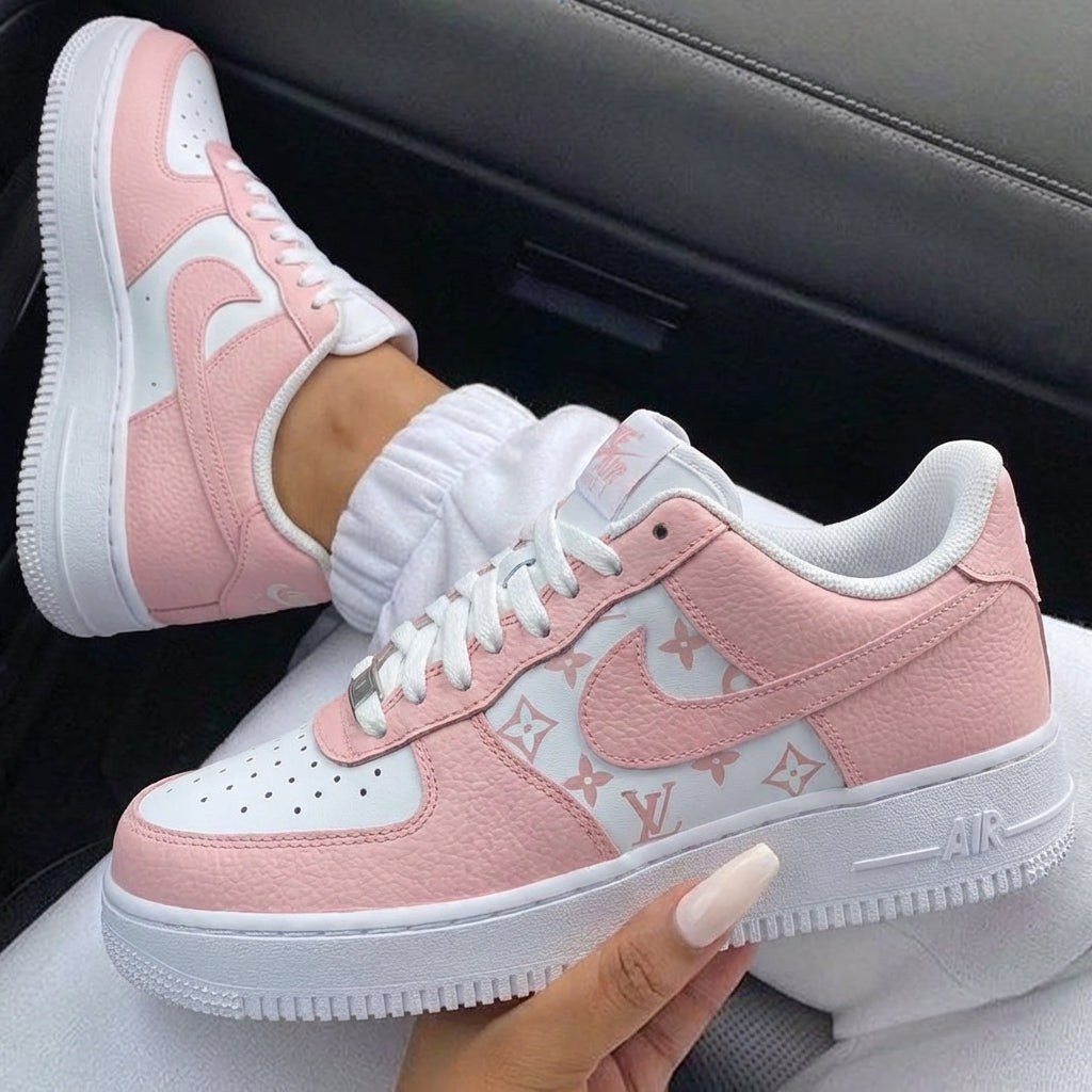 Baby Pink White LV Logo Custom Air Force 1-shecustomize