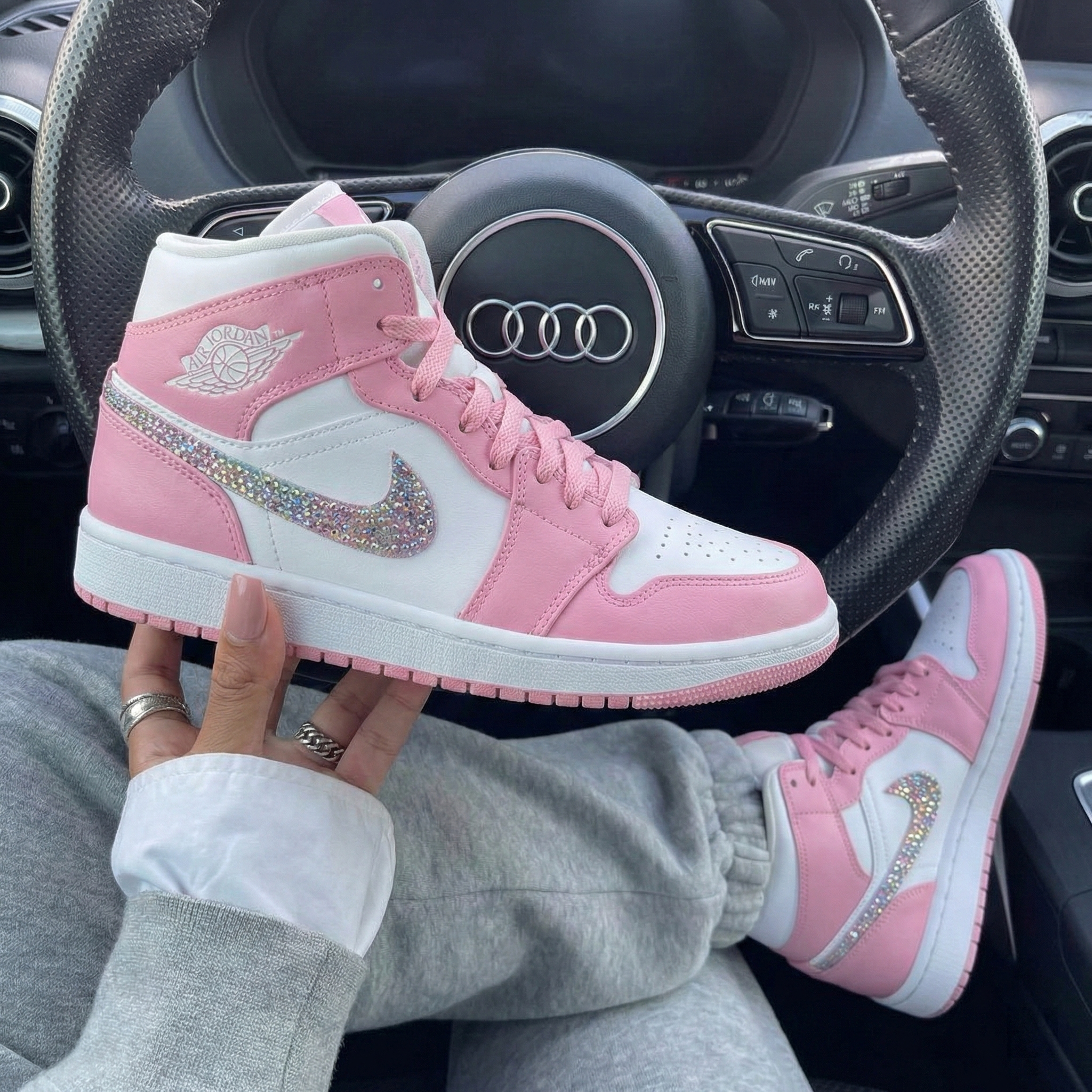 Baby Pink White Rhinestone Swoosh Custom Air Jordan 1-shecustomize