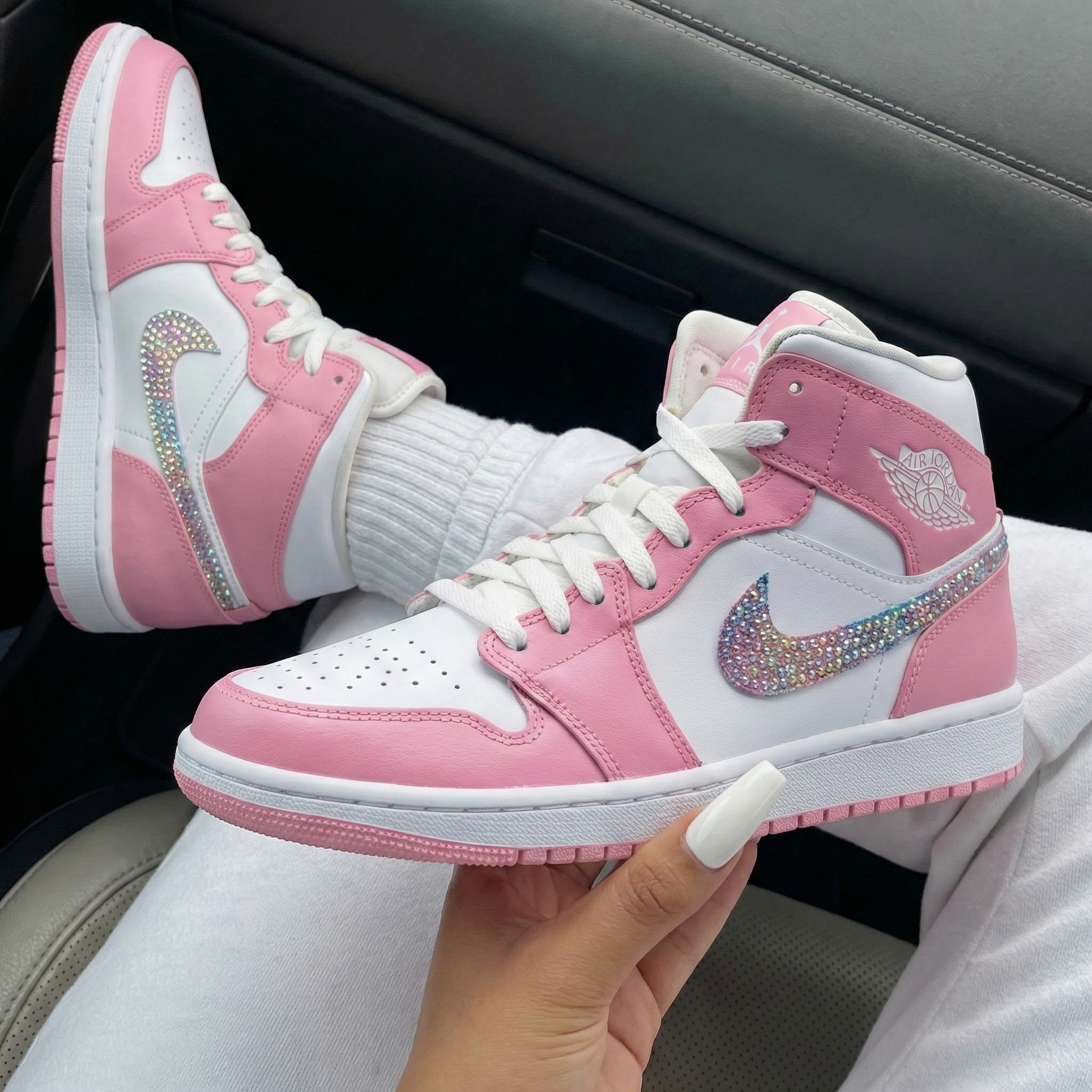 Baby Pink White Rhinestone Swoosh Custom Air Jordan 1-shecustomize