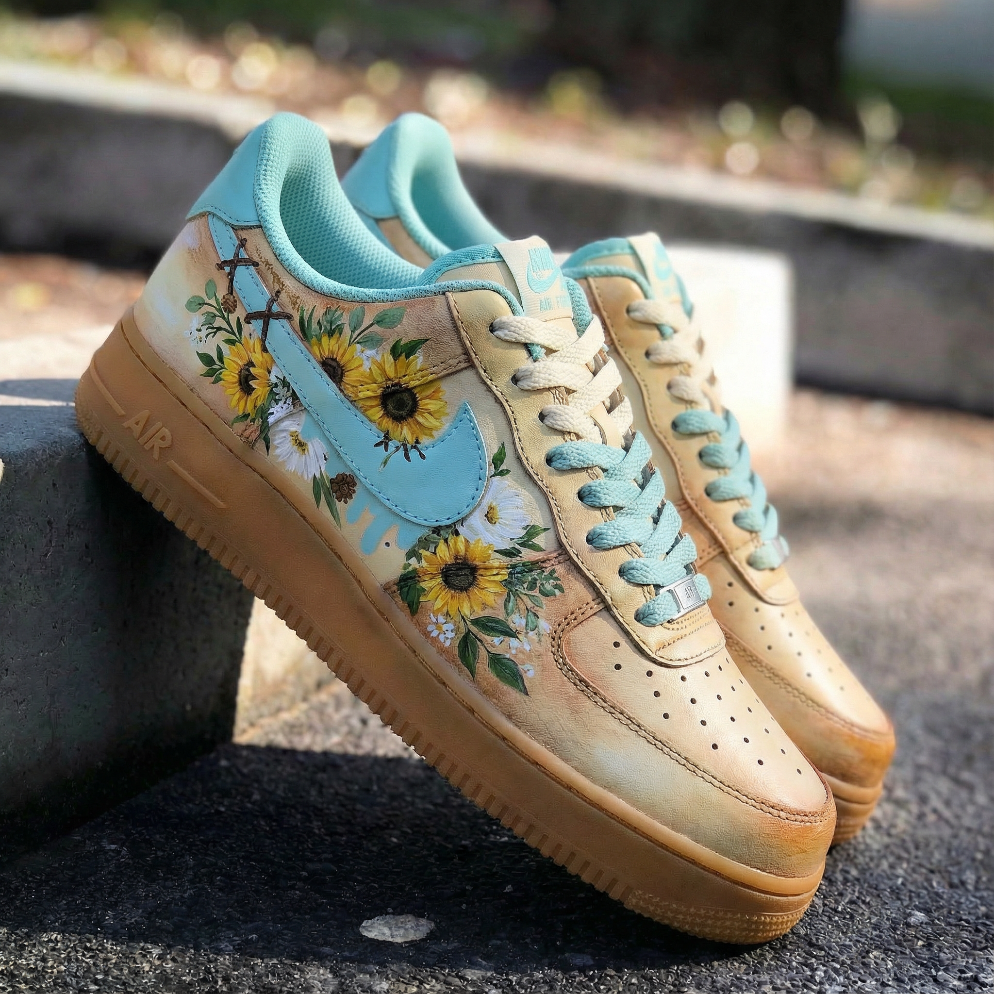 Beige Baby Blue Sunflower Custom Air Force 1-shecustomize