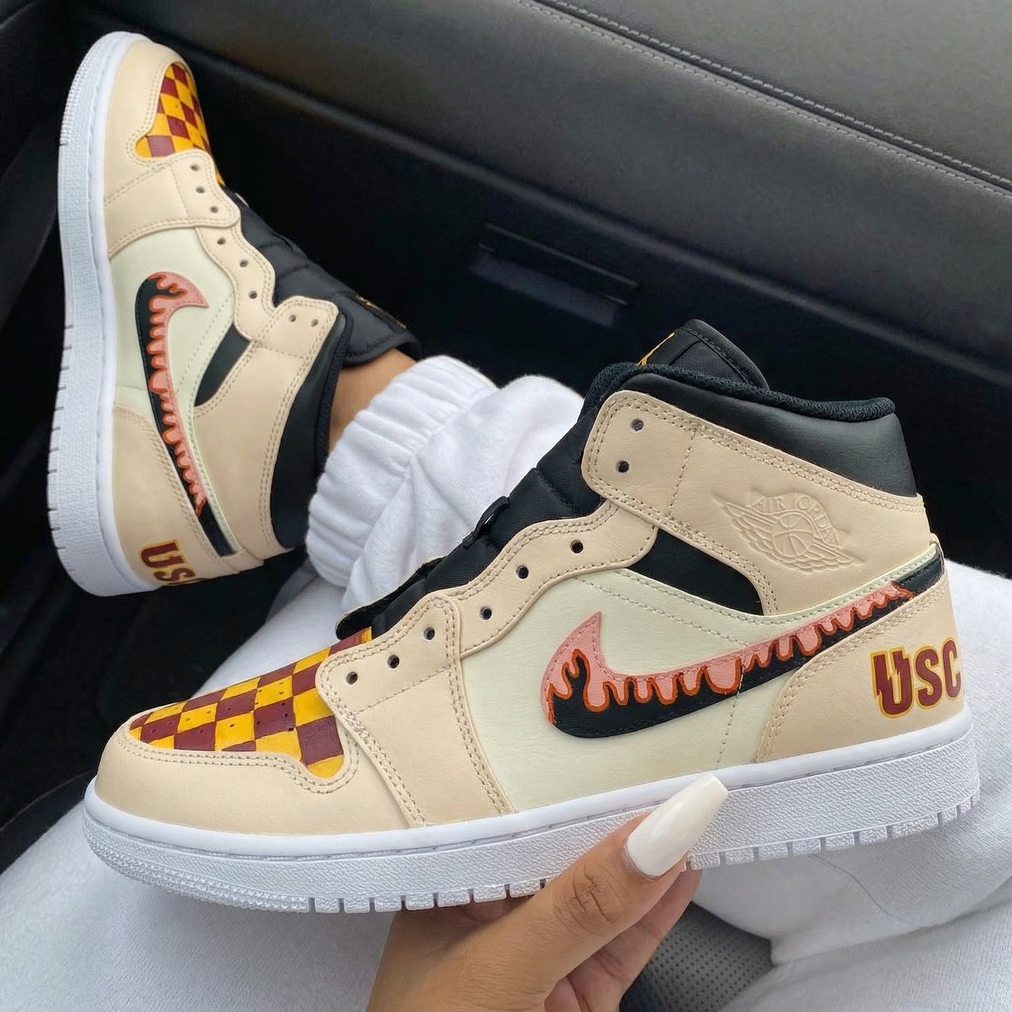 Beige Checkered Flame Custom Air Jordan 1-shecustomize