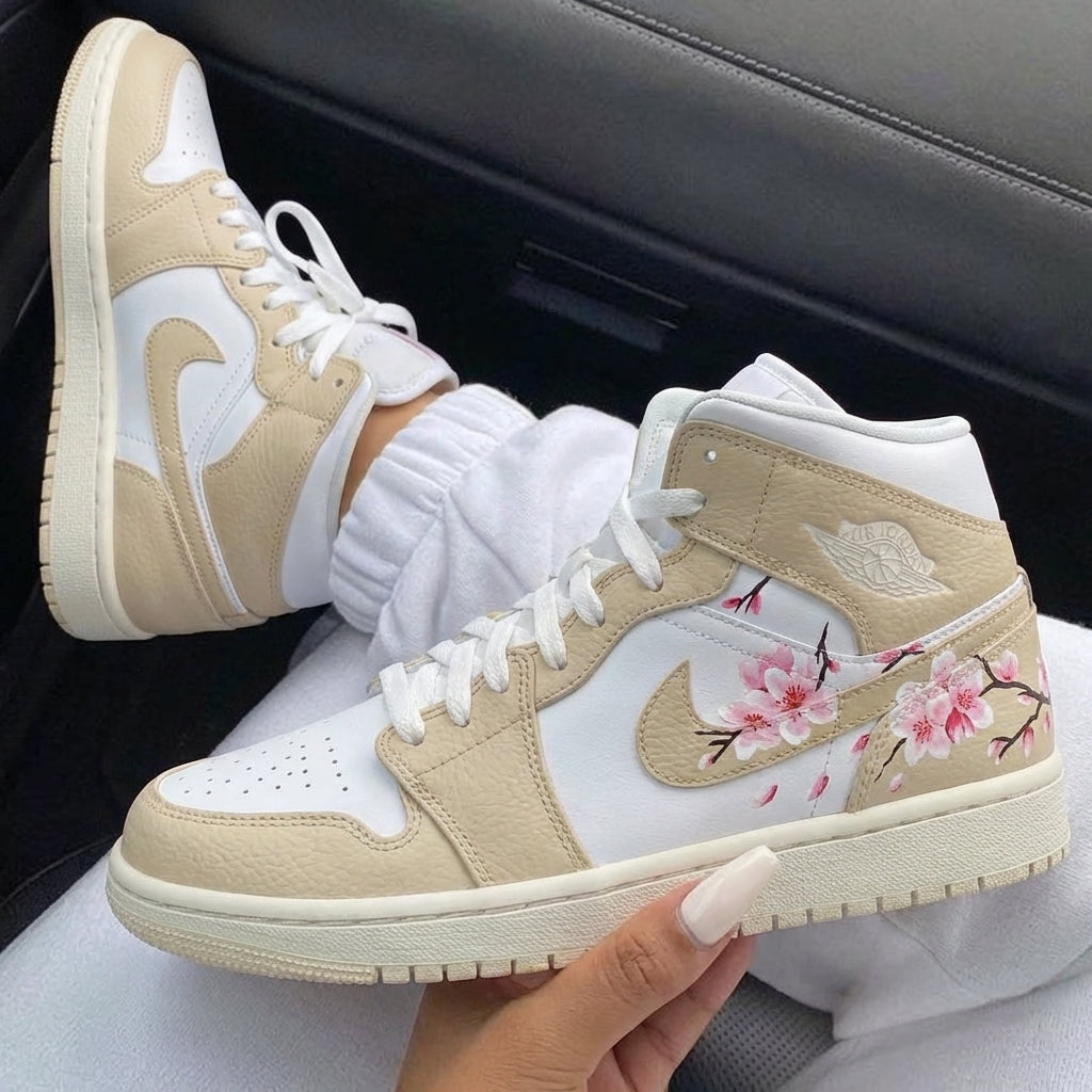 Beige Cherry Blossom Custom Air Jordan 1-shecustomize