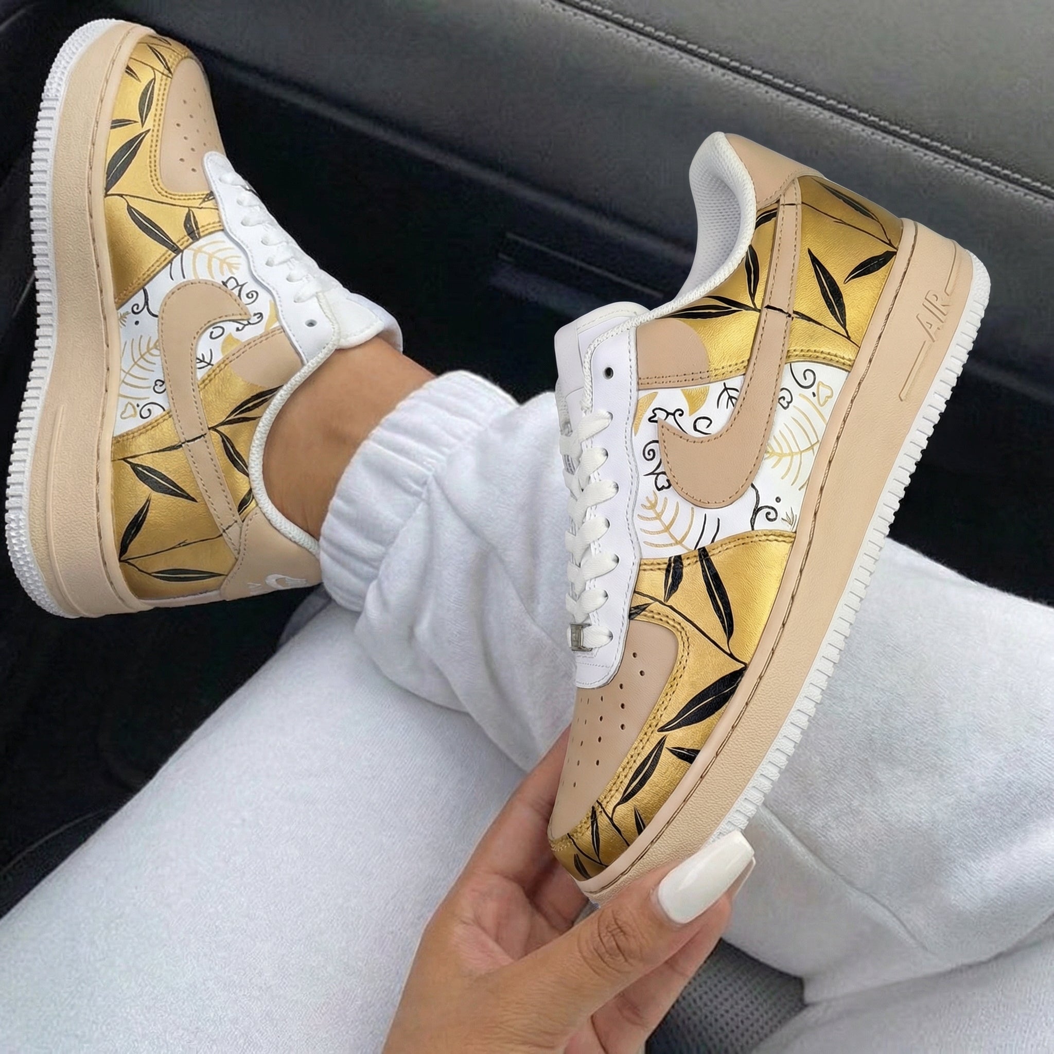 Beige Gold Leaf Pattern Custom Air Force 1-shecustomize