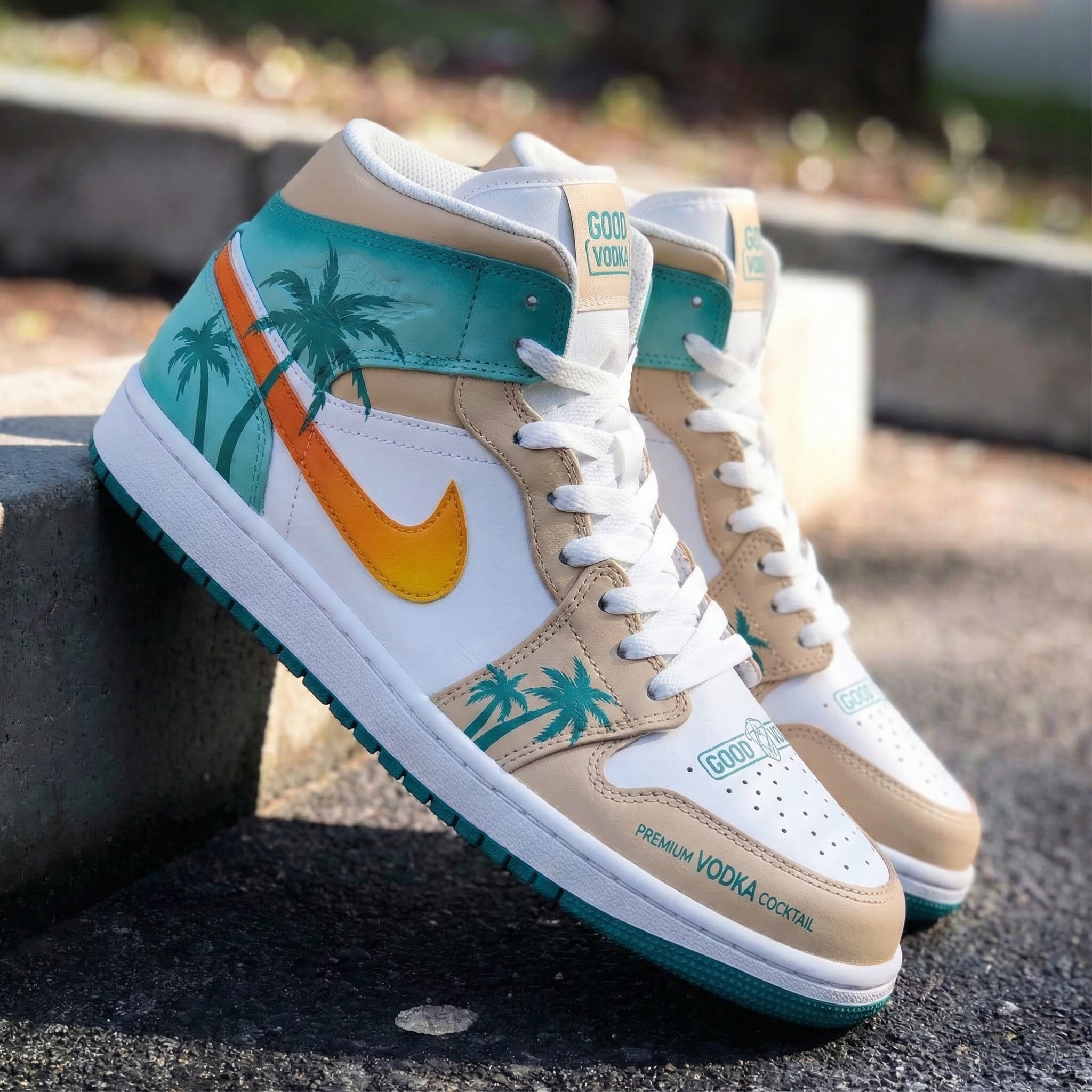 Beige Teal Palm Tree Custom Air Jordan 1-shecustomize