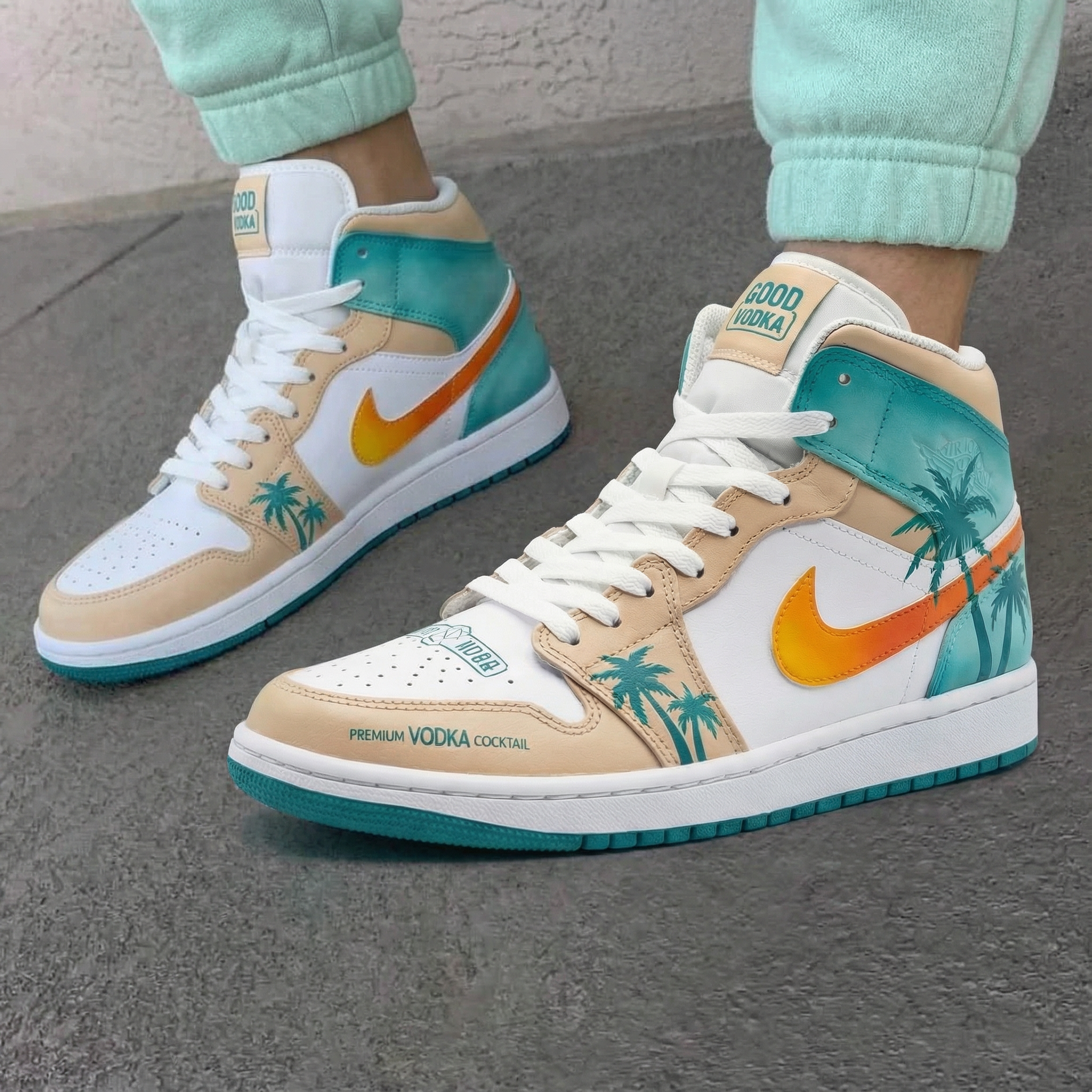 Beige Teal Palm Tree Custom Air Jordan 1-shecustomize