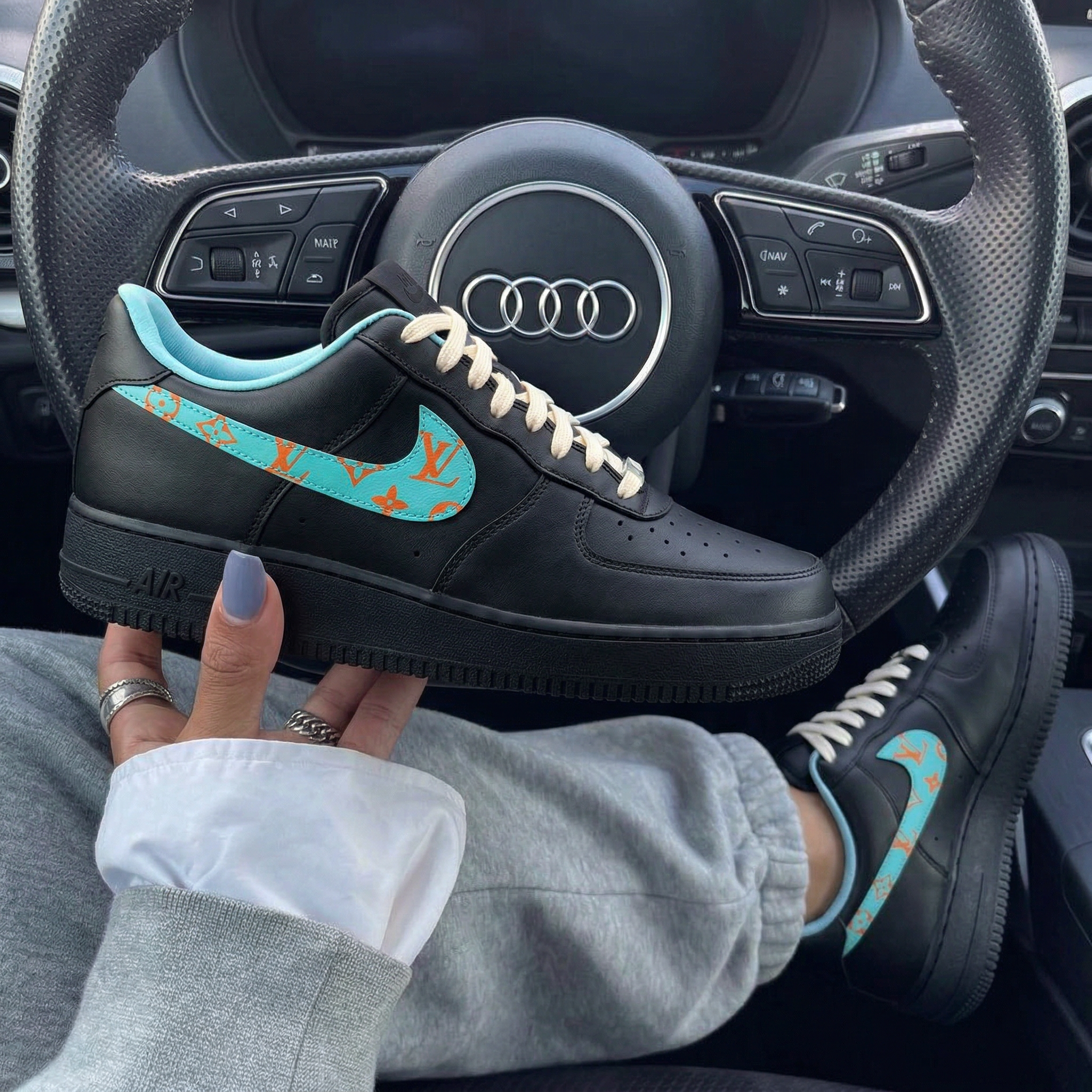 Black Baby Blue Orange LV Logo Custom Air Force 1-shecustomize