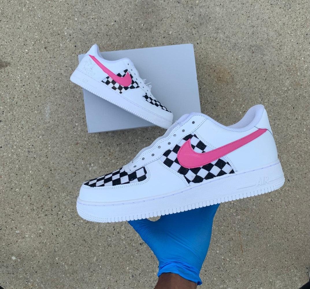 Black White Chessboard Pink Custom Air Force 1-shecustomize
