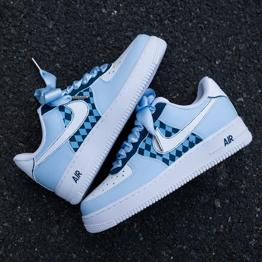 Custom Af1 Blue Blue Checkerboard Air Force 1s Custom Shoes Sneakers – shecustomize
