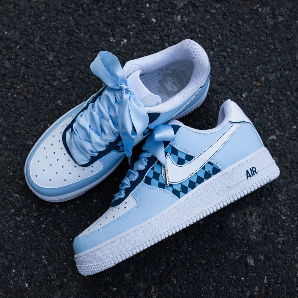 Custom Af1 Blue Blue Checkerboard Air Force 1s Custom Shoes Sneakers – SHECUSTOMIZE