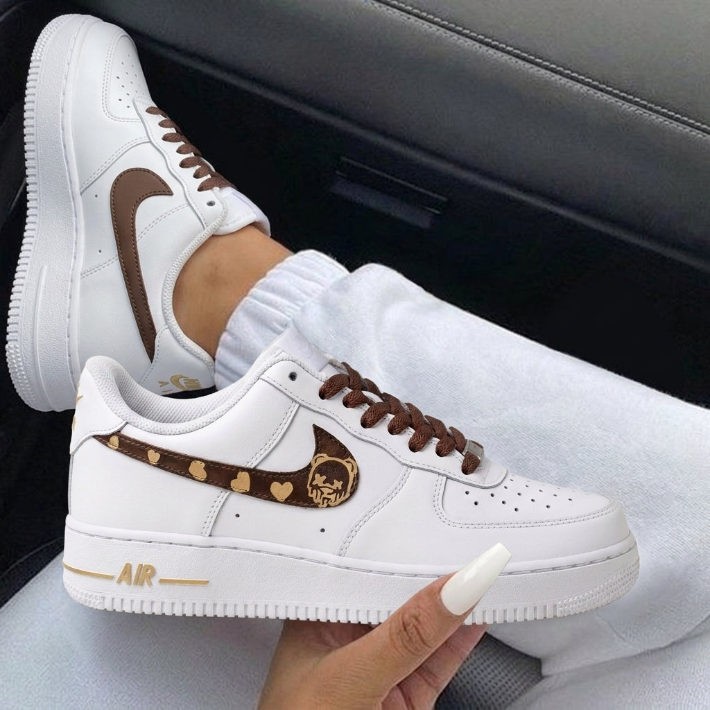 Brown Gold Bear Heart Custom Air Force 1-shecustomize
