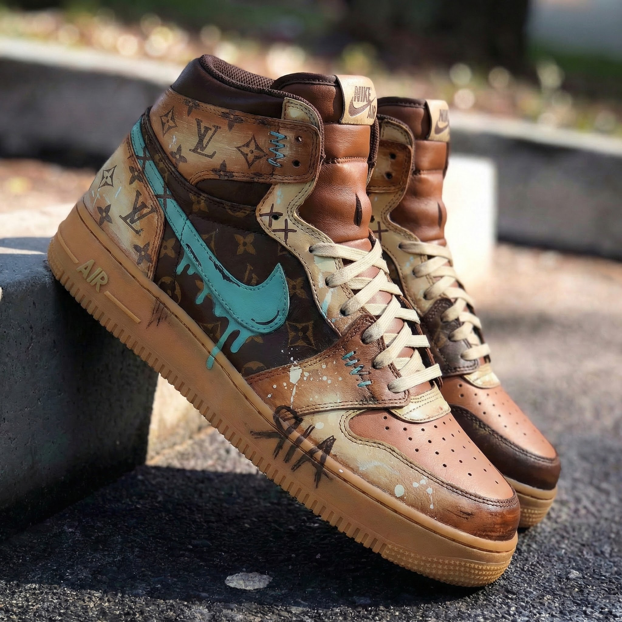 Brown Tan Teal LV Pattern Custom Air Force 1-shecustomize