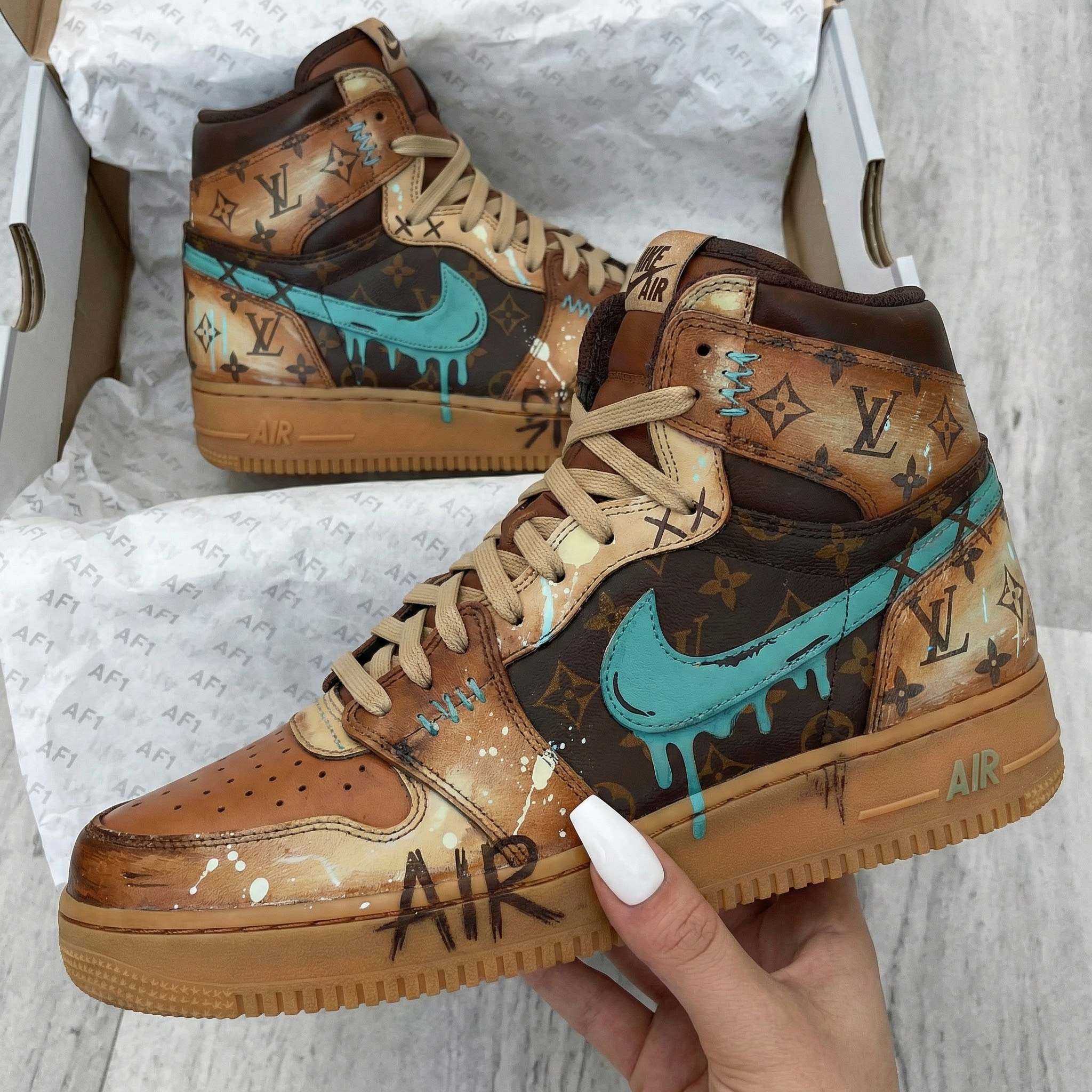 Brown Tan Teal LV Pattern Custom Air Force 1-shecustomize