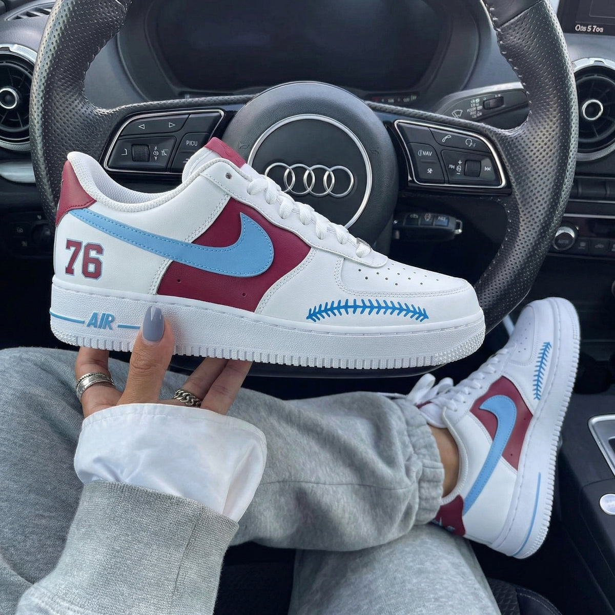 Burgundy Baby Blue 76 Baseball Stitch Custom Air Force 1 – SHECUSTOMIZE