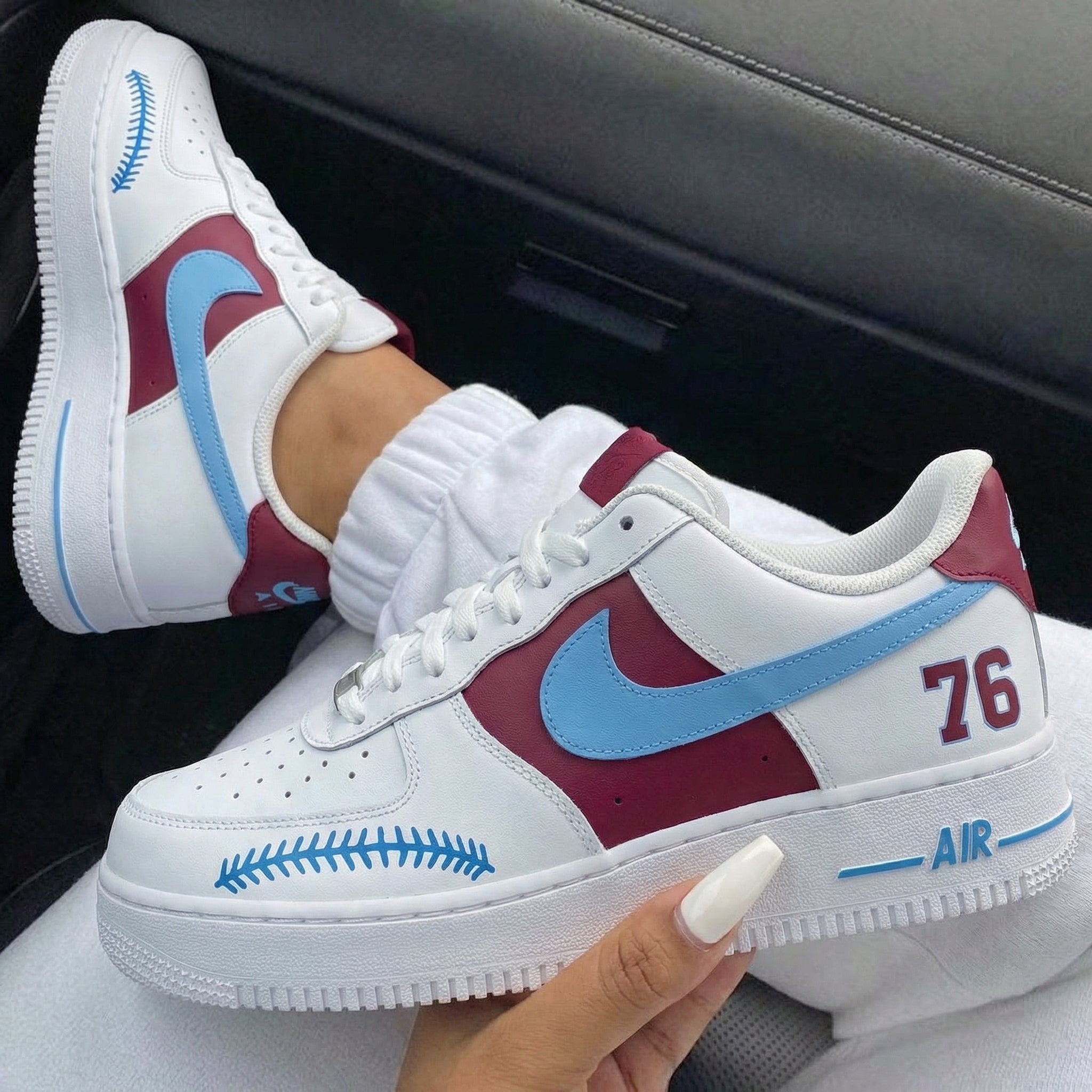 Burgundy Baby Blue 76 Baseball Stitch Custom Air Force 1-shecustomize