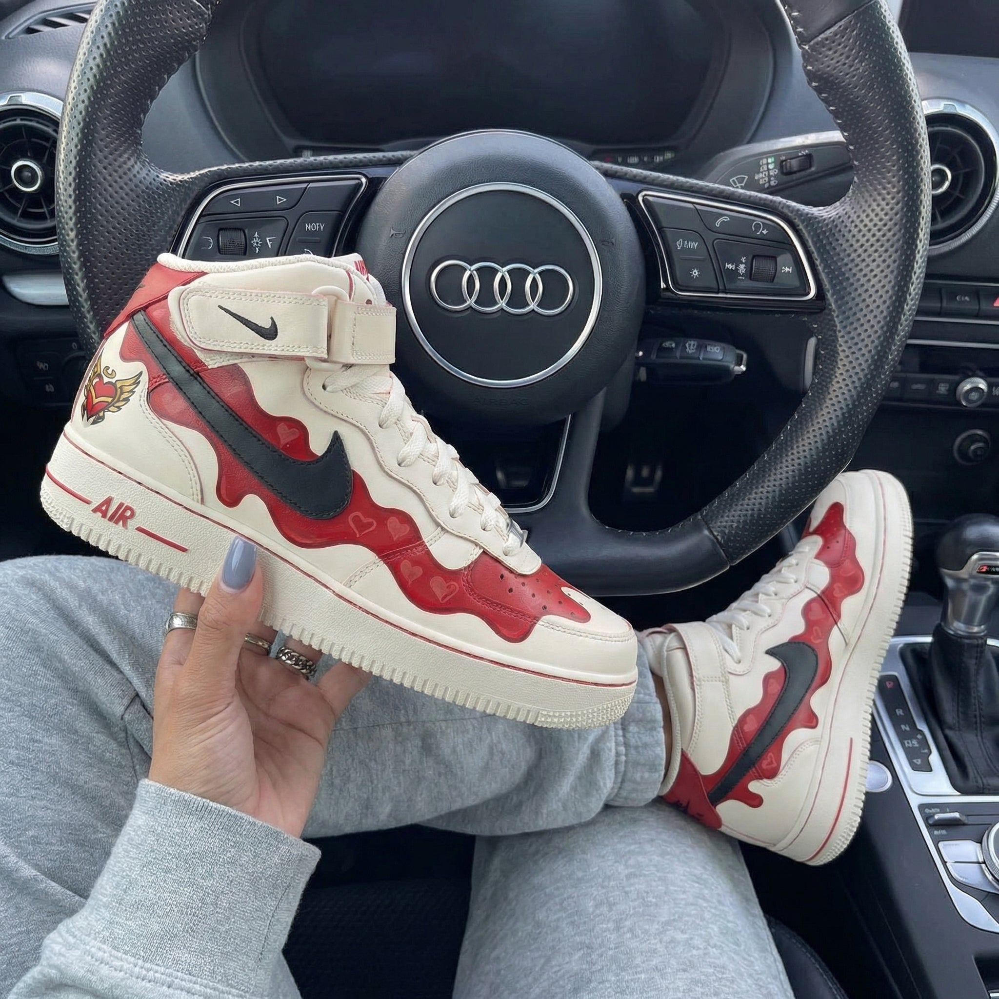 Cream Red Heart - shaped LV Pattern Custom Air Force 1-shecustomize