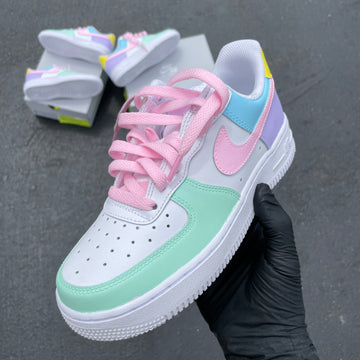 Custom Air Force 1 Baby Pink Baby Blue And Yellow Color - Blocked