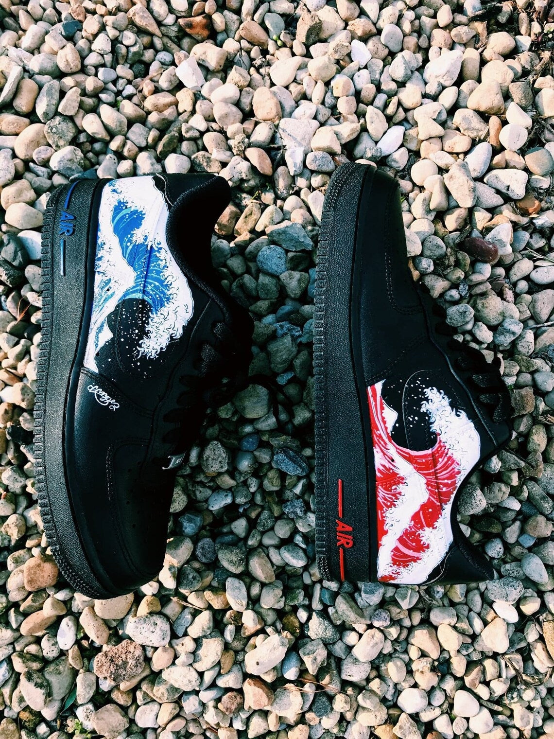 Custom Air Force 1 Black Blue Red Great Wave-shecustomize