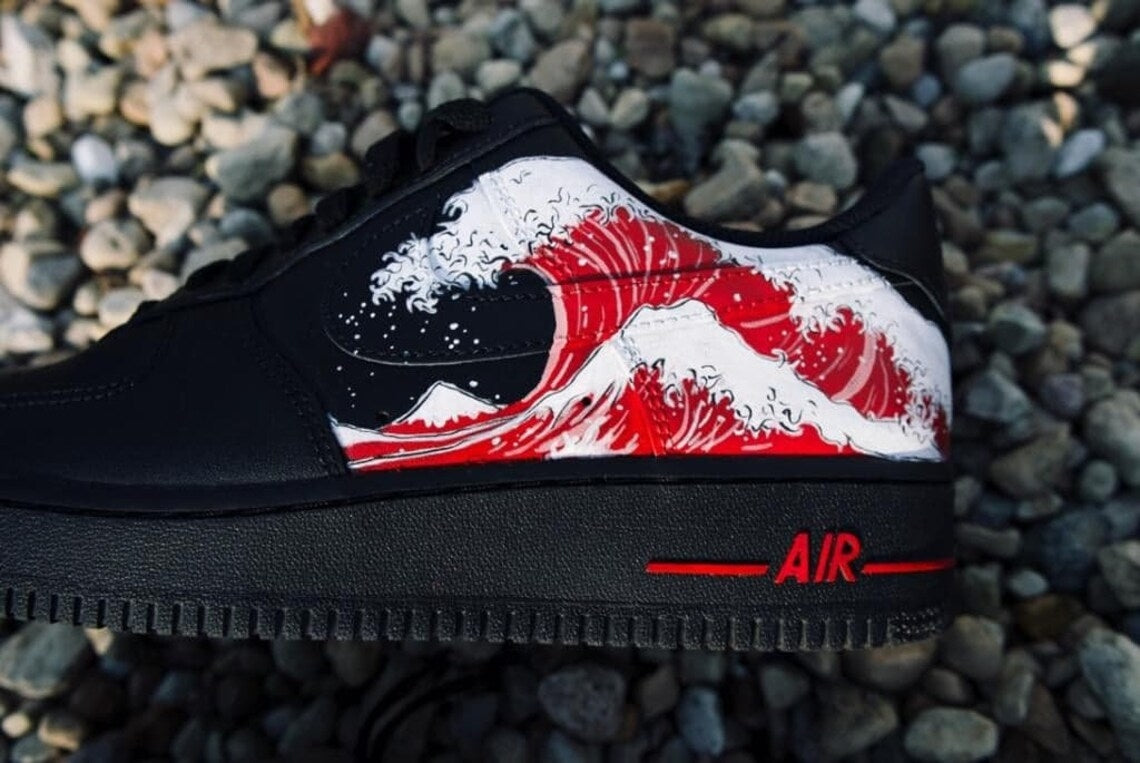 Custom Air Force 1 Black Blue Red Great Wave-shecustomize