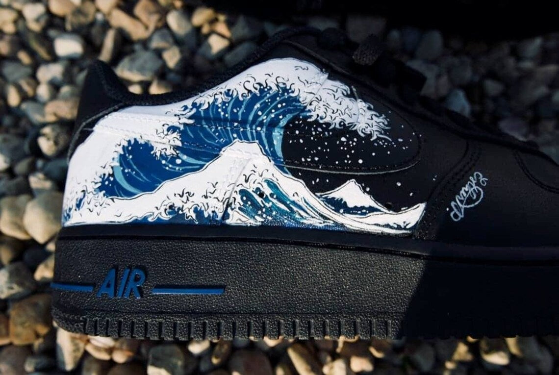 Custom Air Force 1 Black Blue Red Great Wave-shecustomize