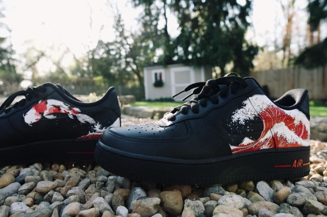 Custom Air Force 1 Black Blue Red Great Wave-shecustomize